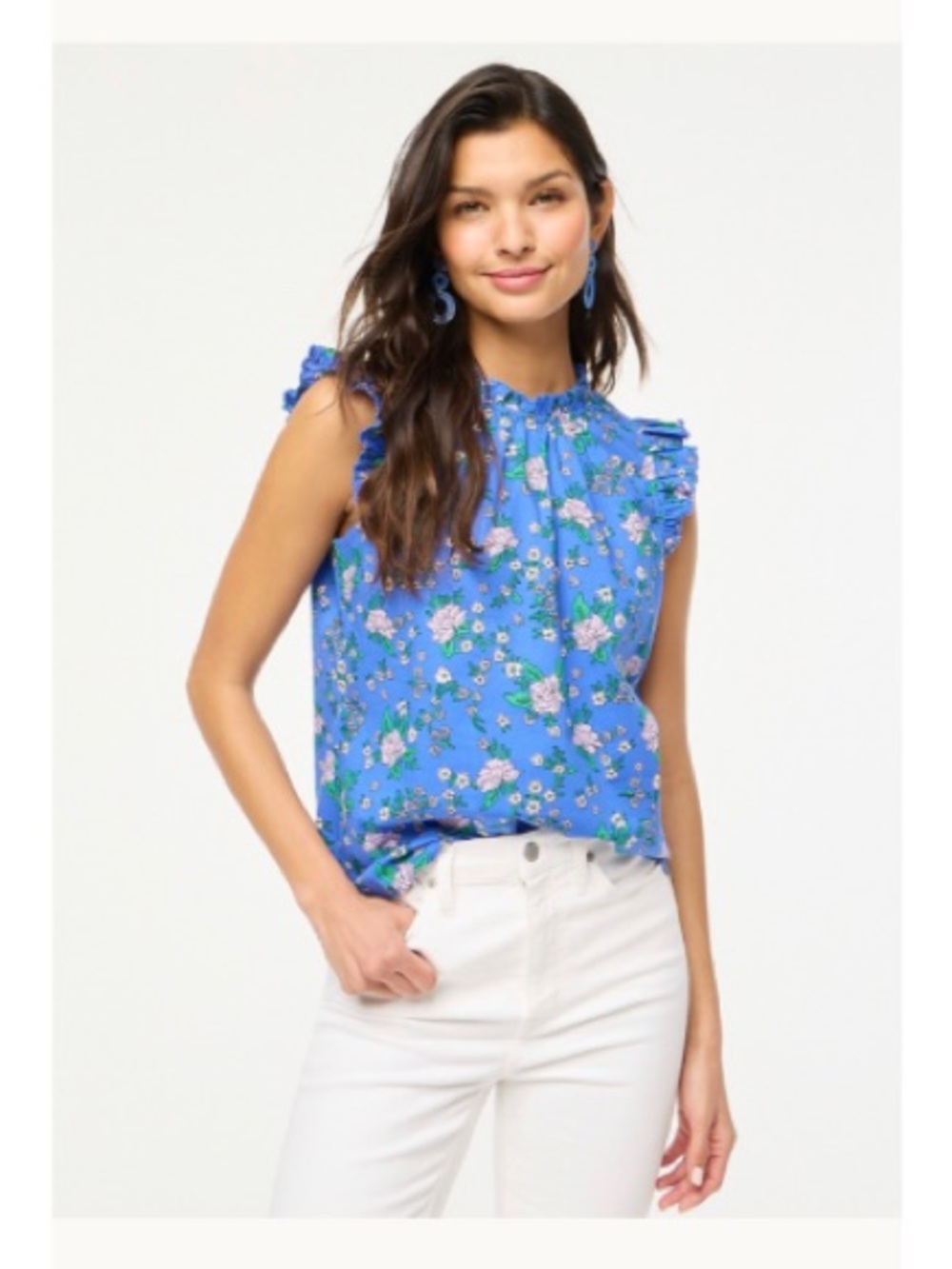 J. Crew Floral Sleeveless Ruffle Neck Poplin Top Blue Large